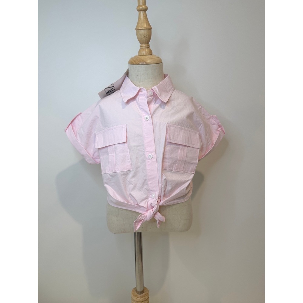 NWT Zara Light Pink Girls Button-up Top, S/S, Knotted Front Design, Cropped, 3Y